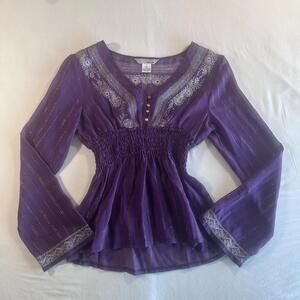 WD.NY Women's Purple Silver 100% Silk Embroidered Long Sleeve V-Neck Blouse Sz 4